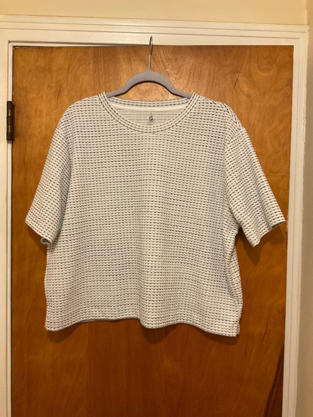 Lou & Grey T Shirt Short Sleeve White Blue Check Textured Sz XL Round Neck